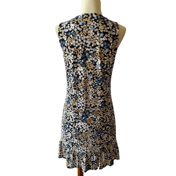 MICHAEL KORS DRESS TIE NECK JERSEY STRETCH BLACK WHITE DITZY FLORAL RUFFLE XS - Picture 5 of 12